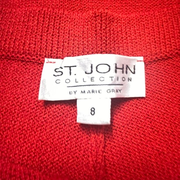 St. John Red Santana Knit Set w/ Signature Flower Brooch - Jacket 10 + Pants 8 - Picture 6 of 7